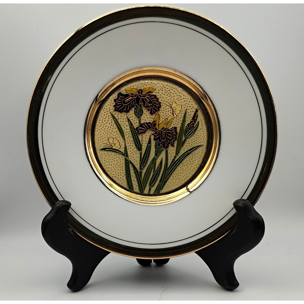 Vtg The Art of Cloisonne Japan 6" Collector Plate Iris Flower Butterfly 24K Gold